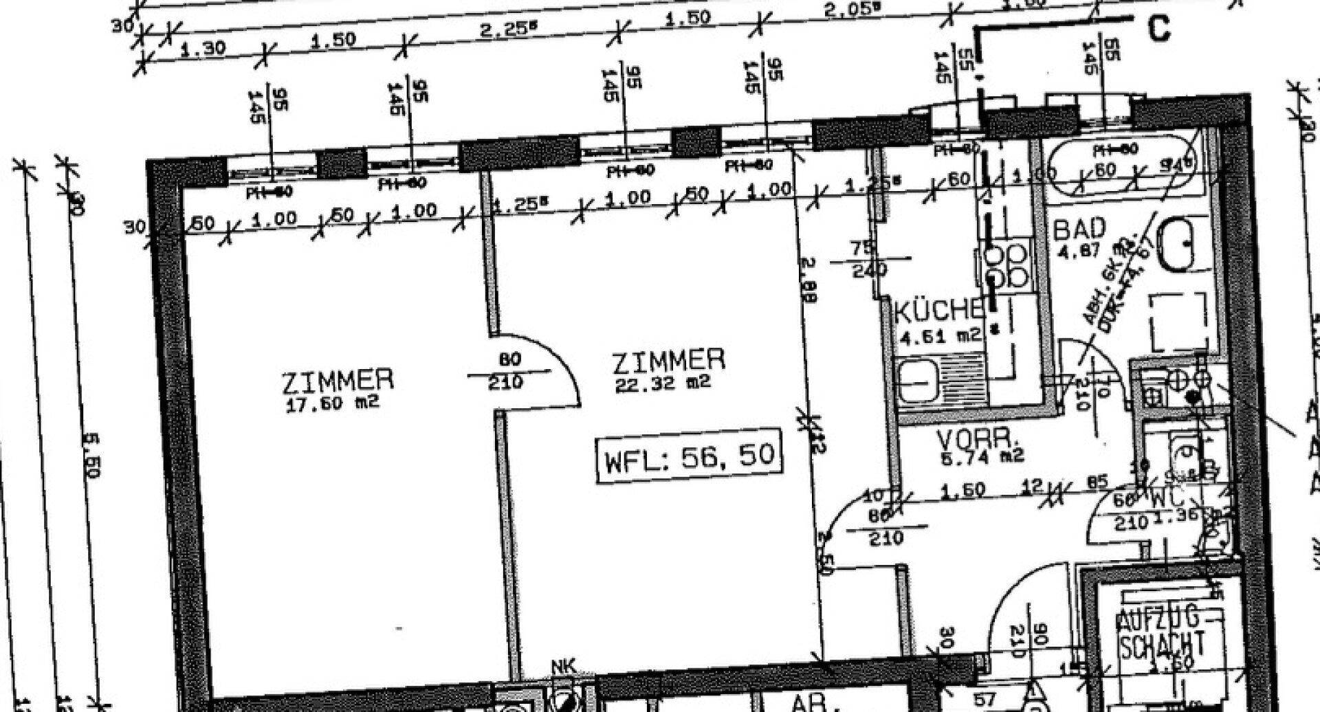 Detaillierter Grundriss der Wohnung mit Raumaufteilung und Flächenangaben in Quadratmetern.