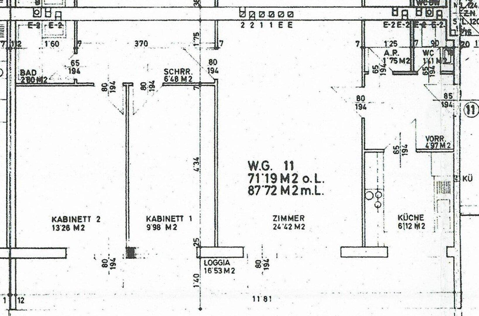 Grundriss der Wohnung WG. 11 mit Zimmern, Loggia und Bad, zeigt die Raumaufteilung.