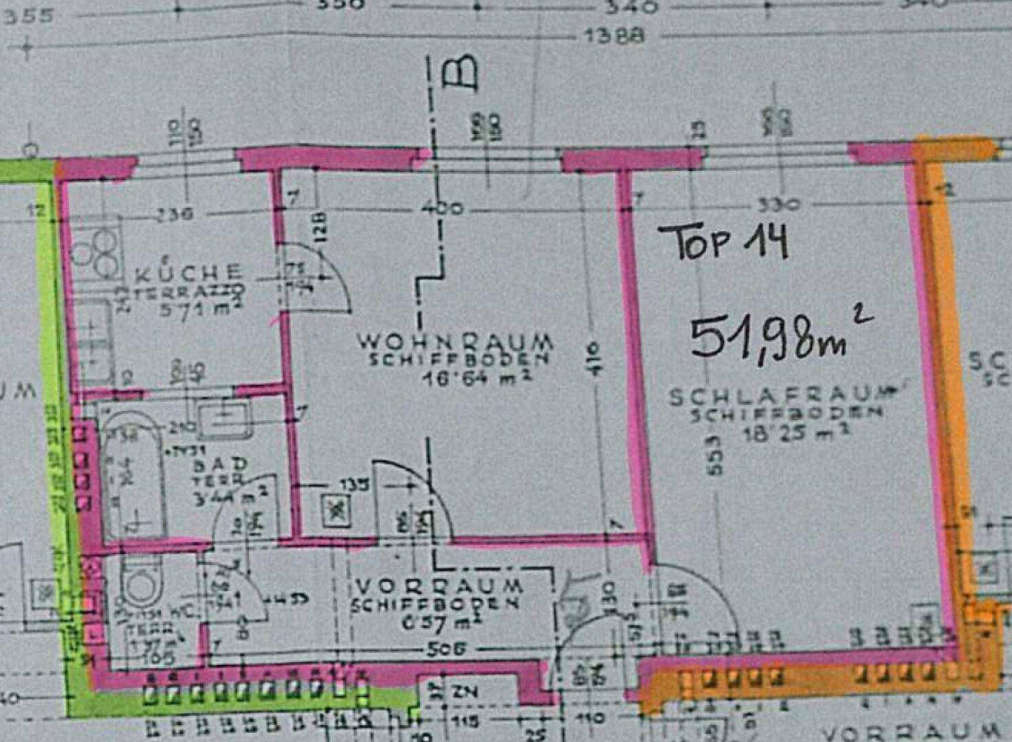 Grundriss der Wohnung Top 14 mit 51,98 m² Wohnfläche, inklusive Küche und Bad.