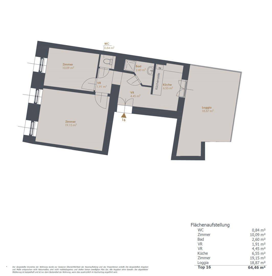 Detaillierter Grundriss der Wohnung mit Zimmeraufteilung und Flächenangaben in Quadratmetern.