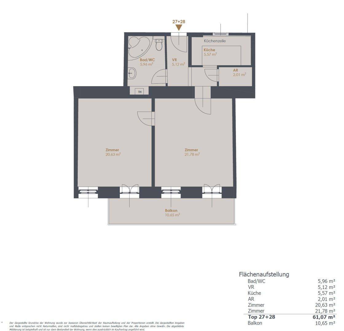 Grundriss der Wohnung mit zwei Zimmern, offener Küchenzeile, zwei Bädern und einem Balkon.