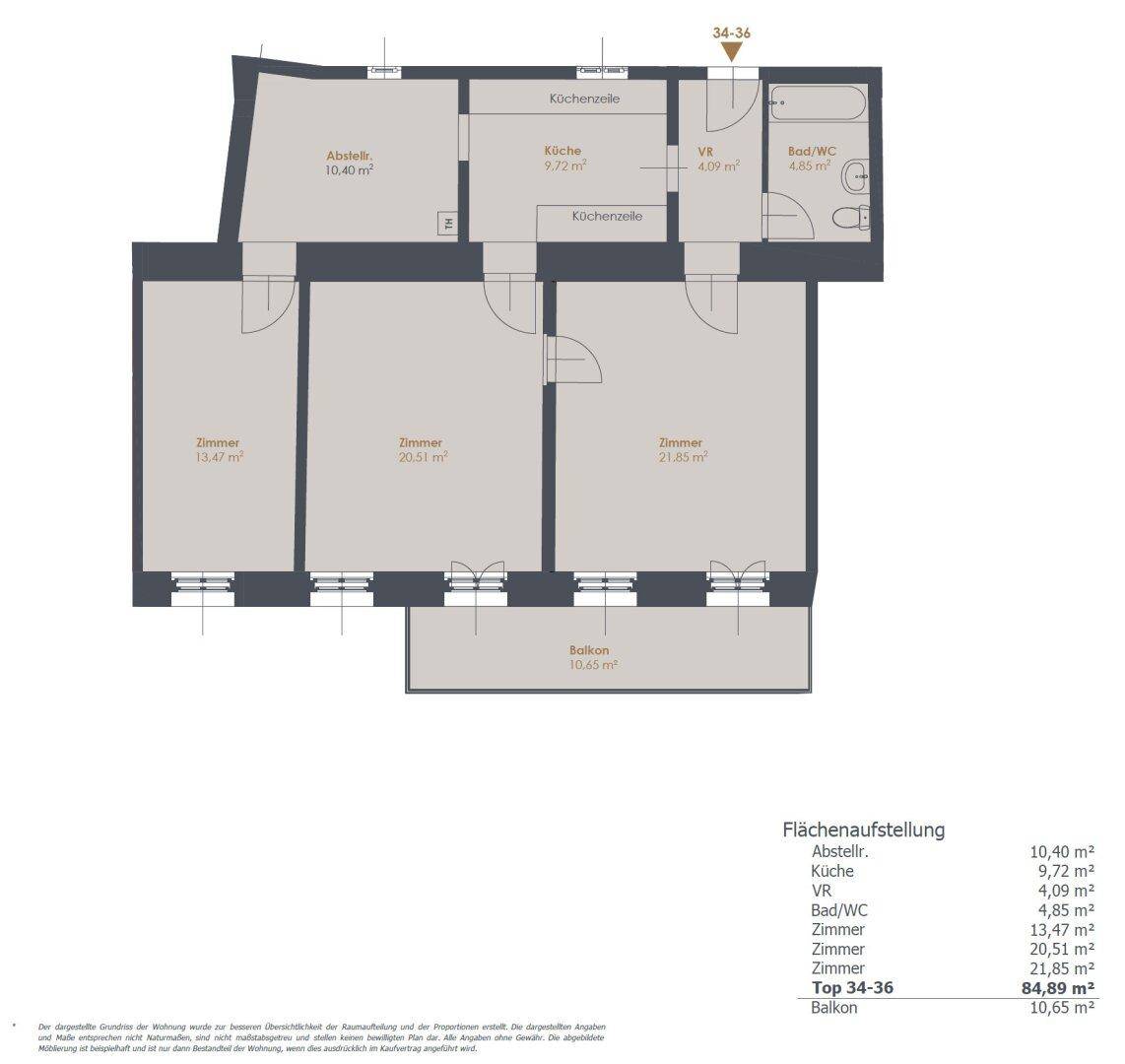 Grundriss der Wohnung mit drei Zimmern, Küche, Bad und einem Balkon von 10,65 m².