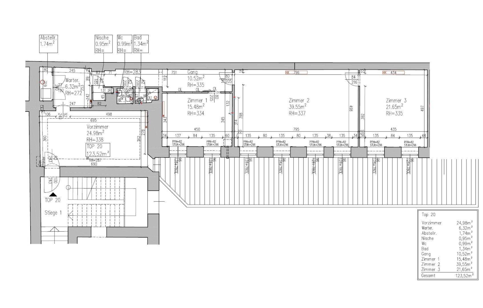 Detaillierter Grundriss einer Wohnung mit mehreren Zimmern und Flächenangaben.