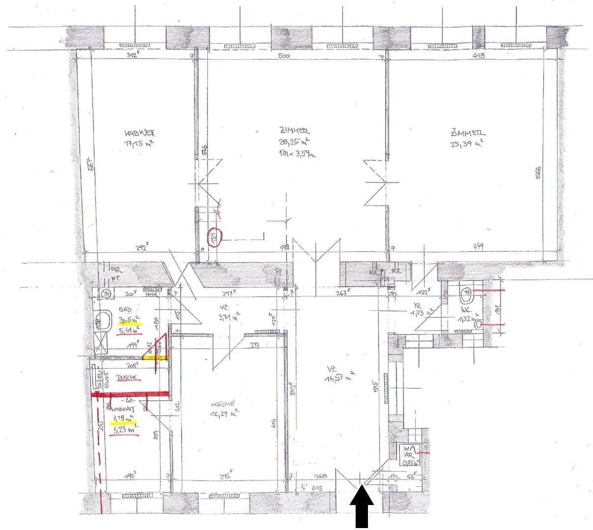 Handgezeichneter Grundriss mit Raumaufteilung und Flächenangaben für die Wohnung.