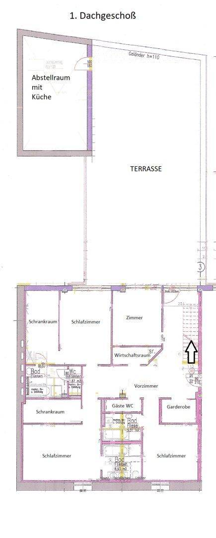 Grundriss des ersten Dachgeschosses mit Schlafzimmern, Bad, WC und großer Terrasse.
