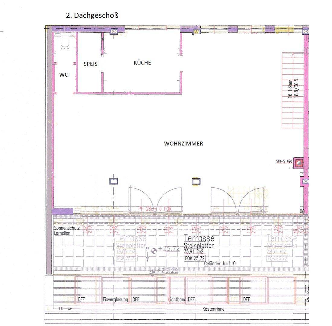 Grundriss des zweiten Dachgeschosses mit Wohnzimmer, Küche, WC und großer Terrasse.