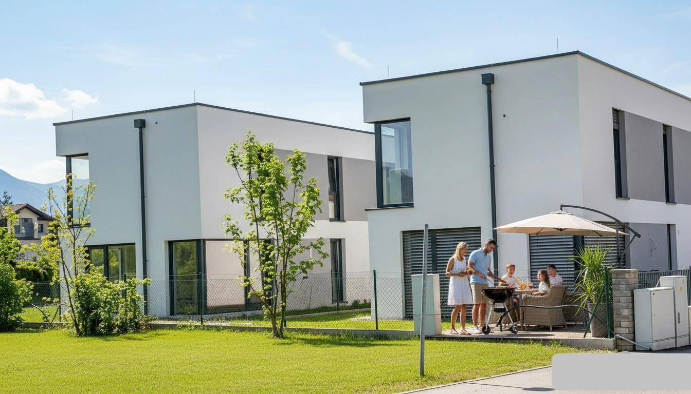 Sonnige Terrasse mit Grillbereich und Sitzgelegenheiten vor modernen Doppelhaushälften mit Bergblick.