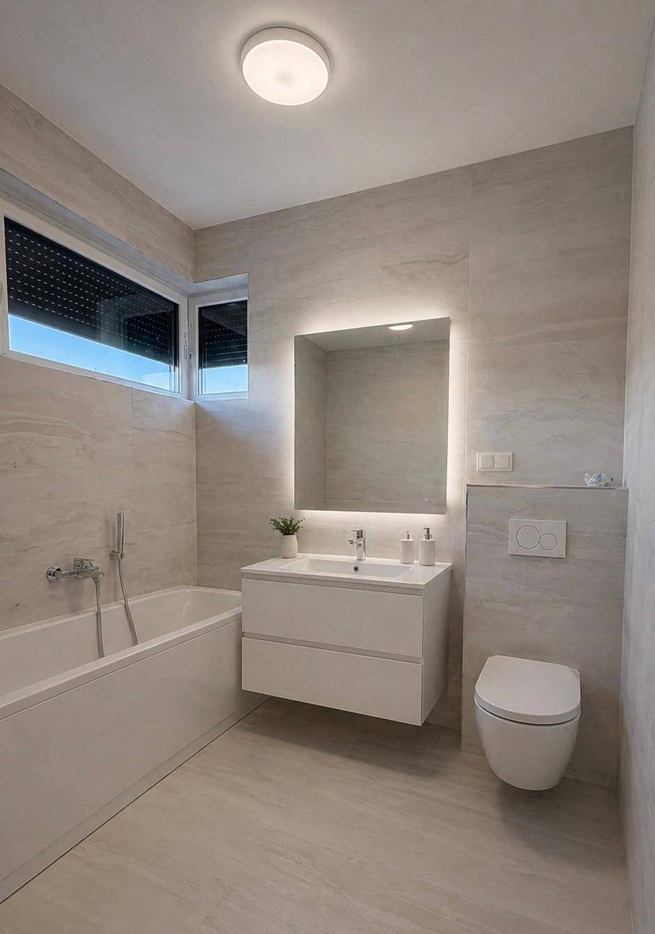 Modernes Badezimmer mit hellen Fliesen, Badewanne, schwebendem Waschtisch und beleuchtetem Spiegel.