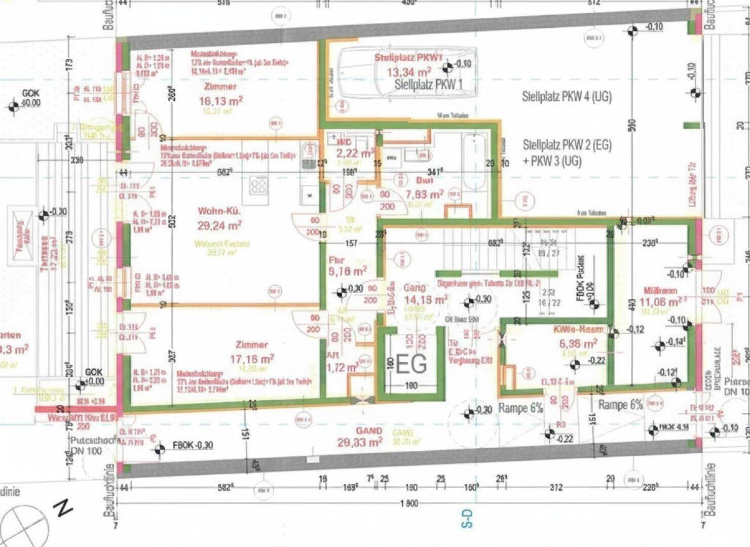 Detaillierter Grundriss der Erdgeschosswohnung mit Parkplätzen und barrierefreiem Rampenzugang.