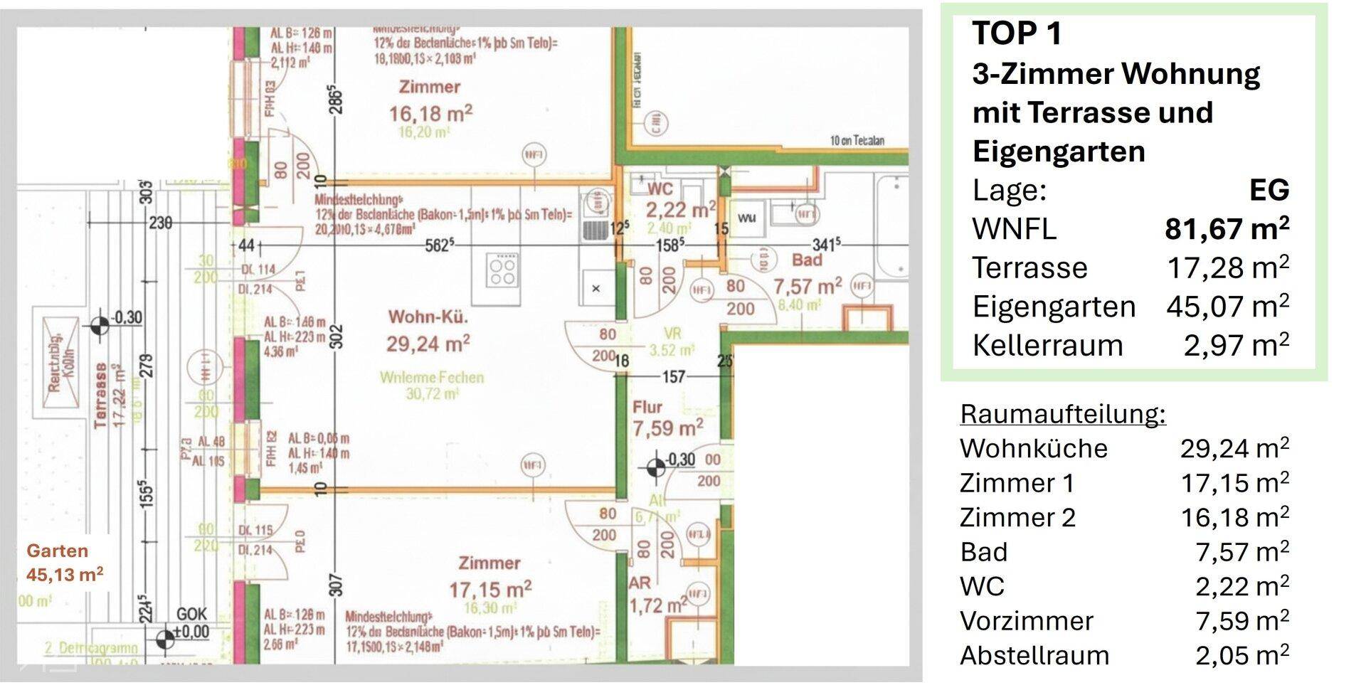 Grundriss der Erdgeschosswohnung mit offener Wohnküche, zwei Zimmern, Bad und Garten.