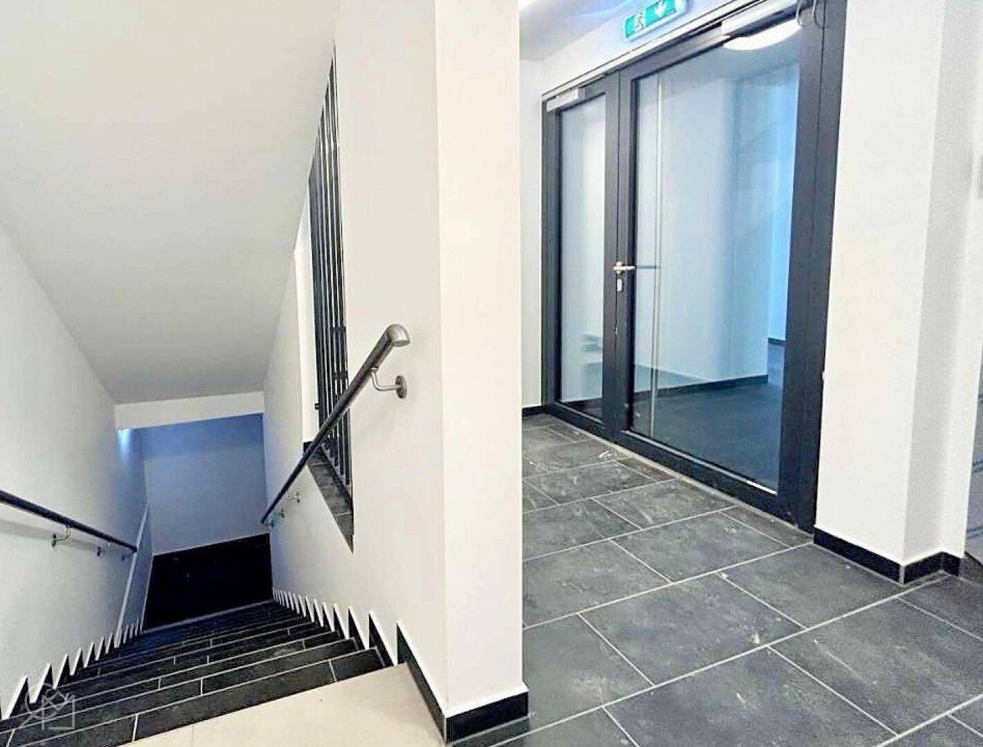 Heller Treppenaufgang mit dunklen Fliesen und modernem Geländer im Eingangsbereich.