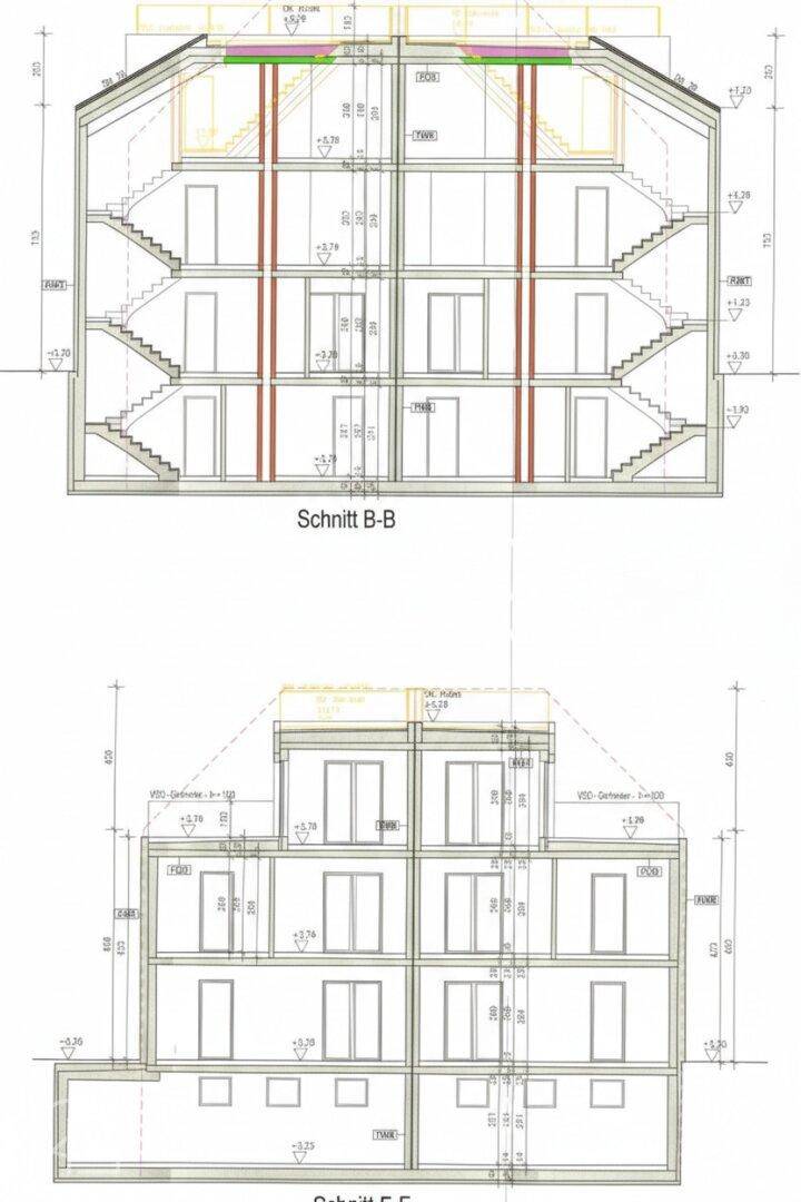 Architektonische Schnittzeichnungen des Gebäudes zeigen die Geschosse und Dachkonstruktion.