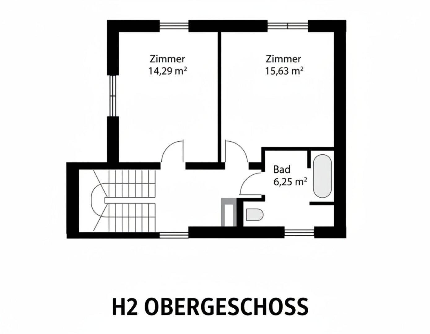 Grundriss des Obergeschosses mit zwei Zimmern und einem Badezimmer mit Badewanne.