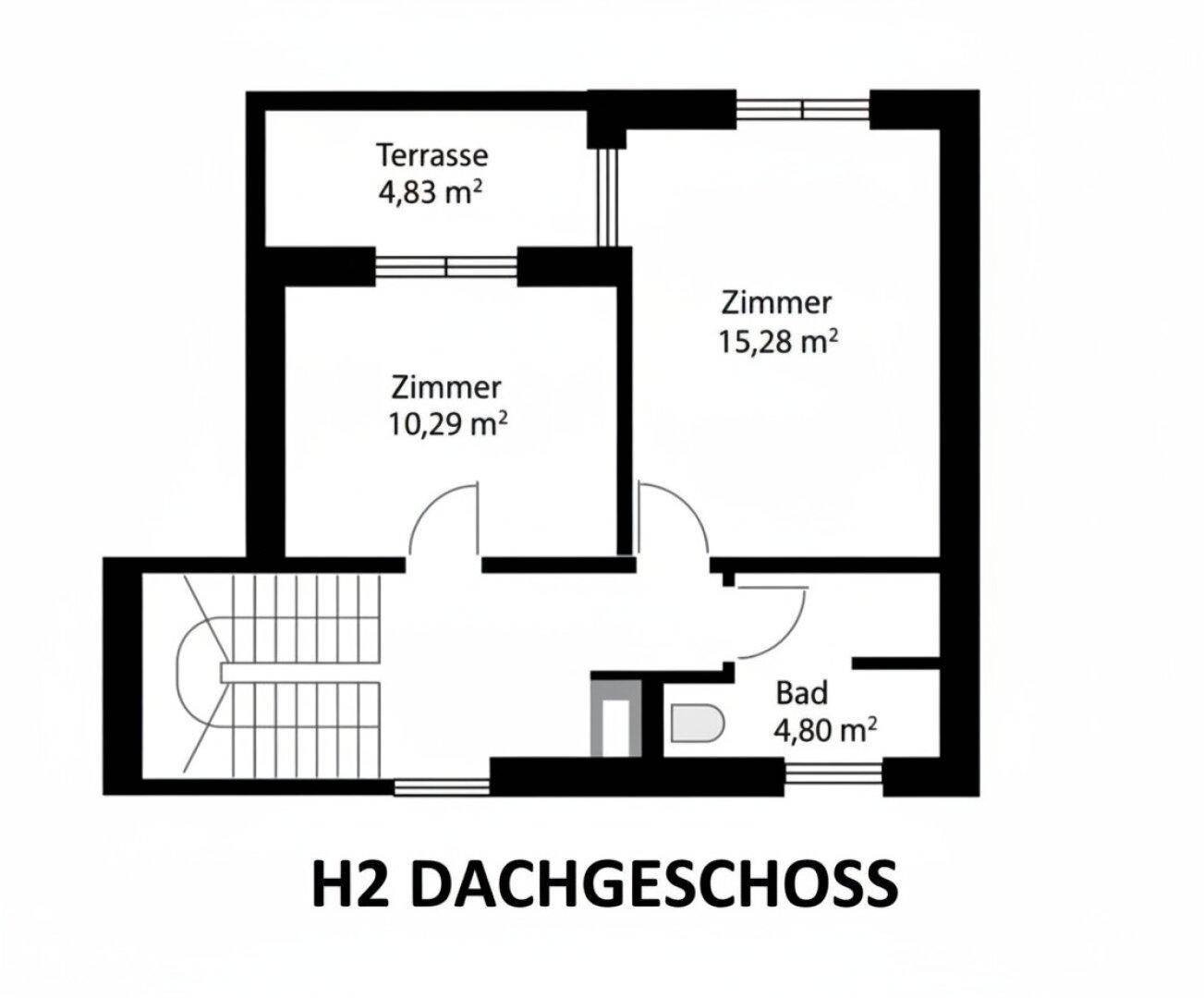 Grundriss des Dachgeschosses mit zwei Zimmern, Terrasse und Badezimmer.