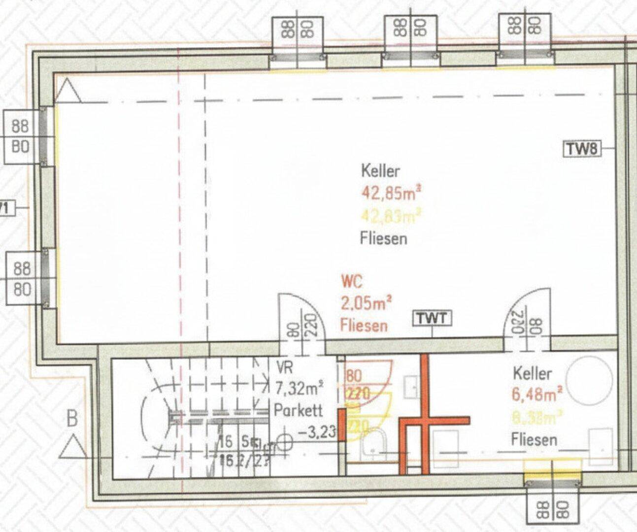 Grundriss des Kellers mit Abstellräumen und einem zusätzlichen WC.