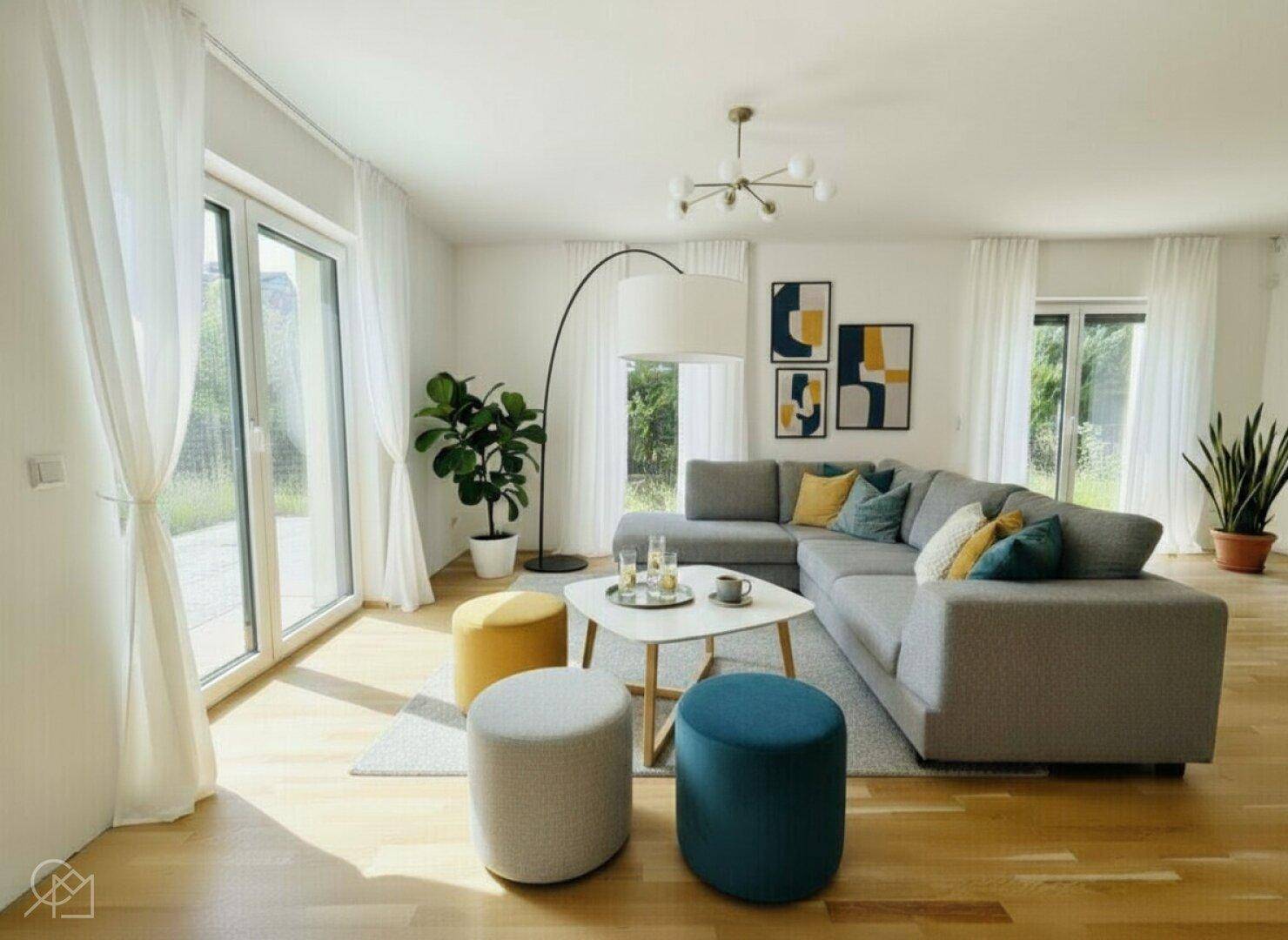 Modern eingerichtetes Wohnzimmer mit großem Sofa, Holzboden und viel Tageslicht.