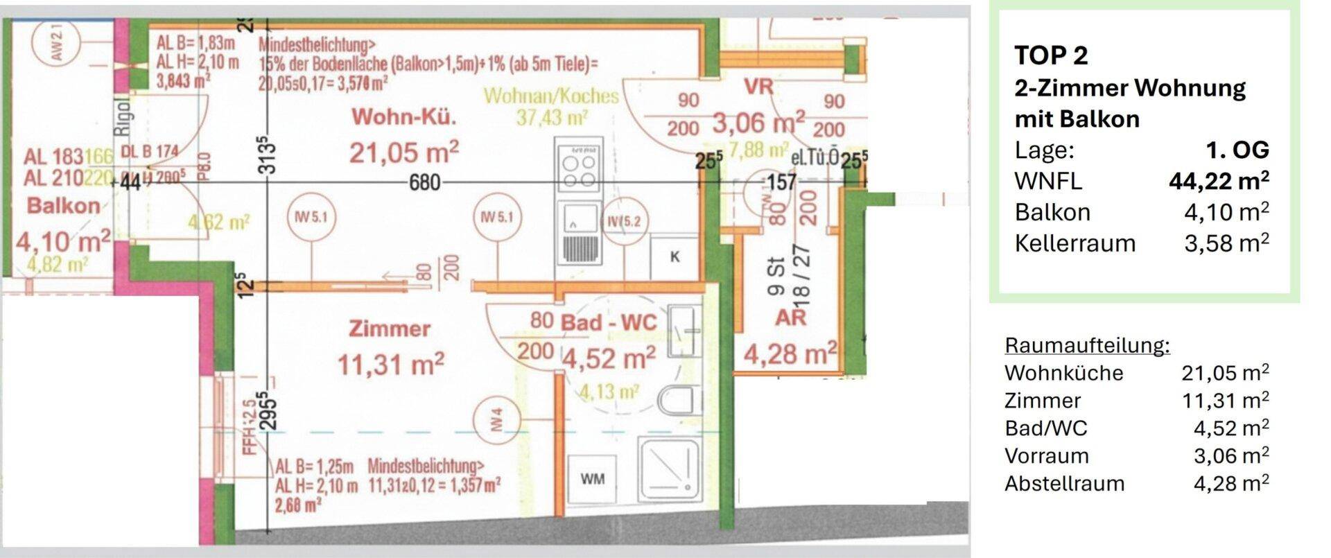 Grundriss einer 2-Zimmer-Wohnung mit Balkon, Wohnküche und separatem Zimmer.