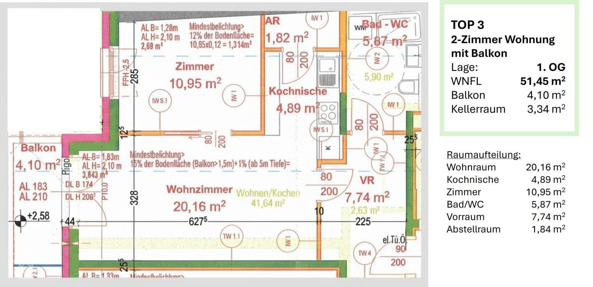 Grundriss einer 2-Zimmer-Wohnung mit Balkon, Wohnzimmer und separater Kochnische.