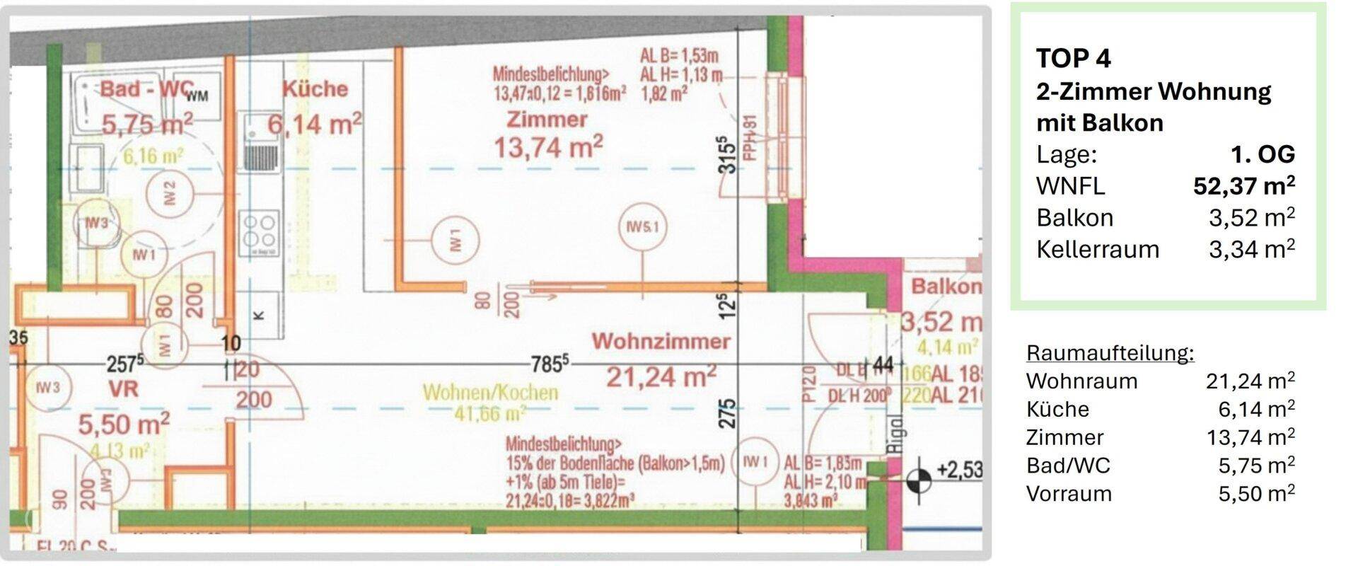 Grundriss einer 2-Zimmer-Wohnung mit Balkon, Wohnzimmer und separater Küche.