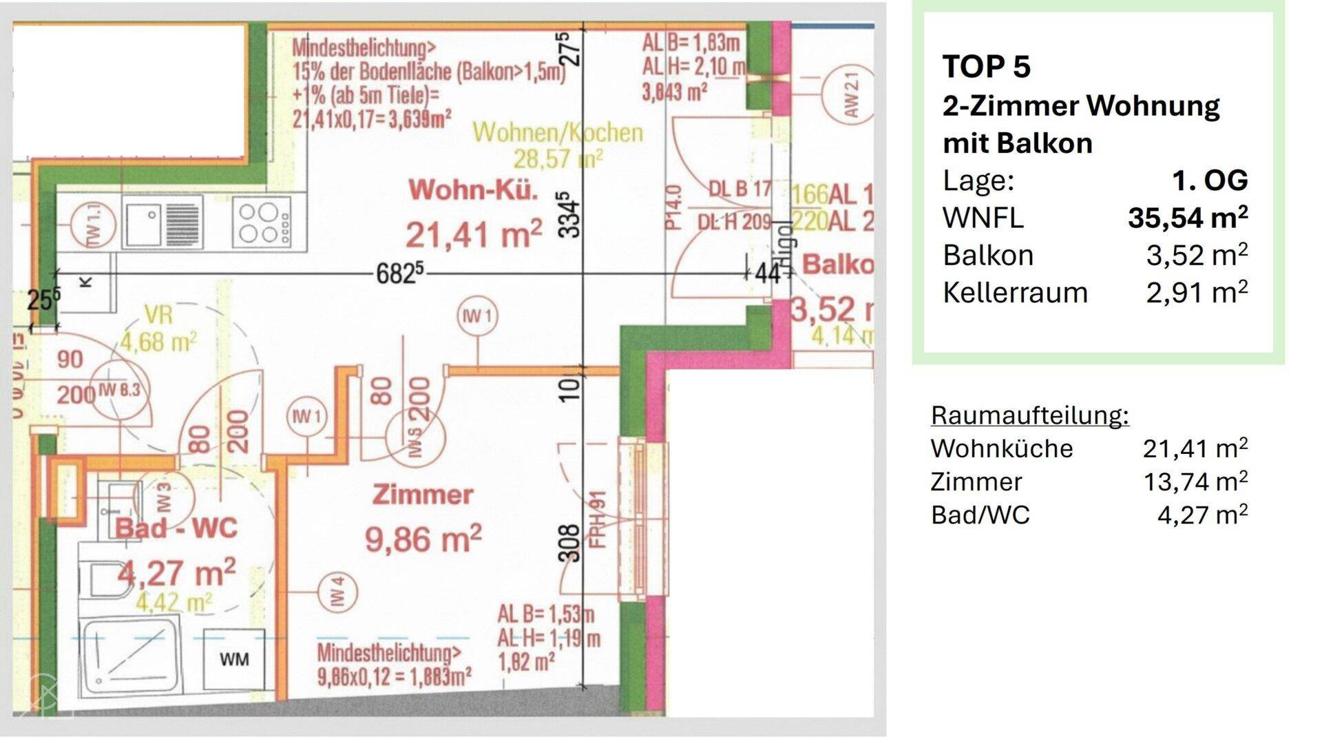 Grundriss einer 2-Zimmer-Wohnung mit Balkon, Wohnküche und Bad-WC.