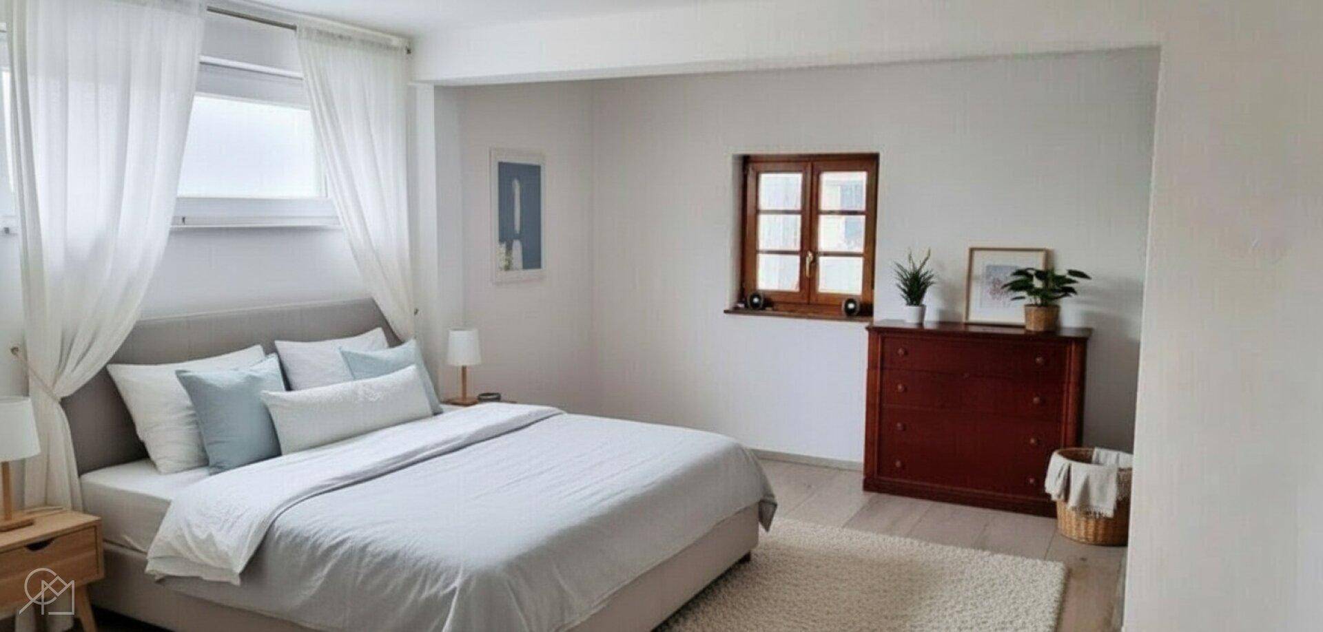 Modern eingerichtetes Schlafzimmer mit Holzboden, großem Bett und Vorhängen.