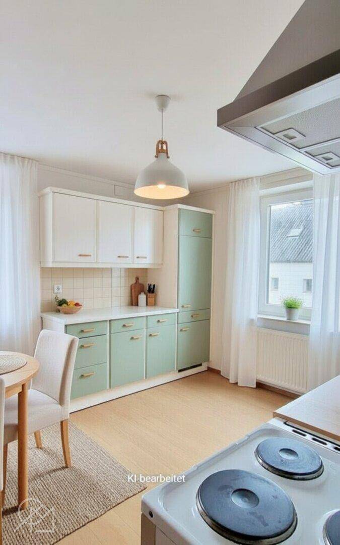 Modernisierte Küche mit hellgrünen Unterschränken, neuem Herd und Fenster.