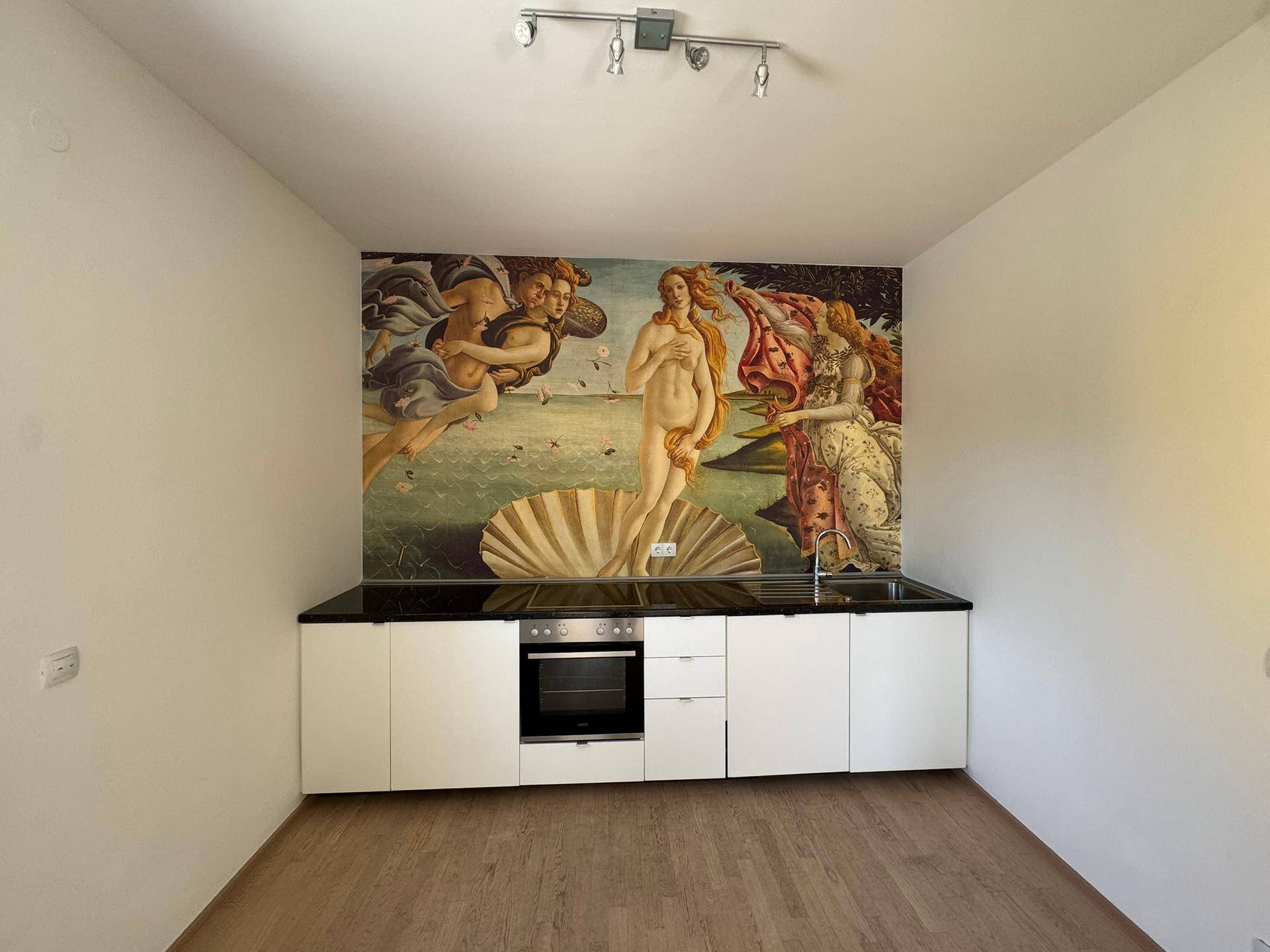 Kleine Küche mit weißen Schränken, schwarzer Arbeitsplatte und einem auffälligen Wandbild als Spritzschutz.