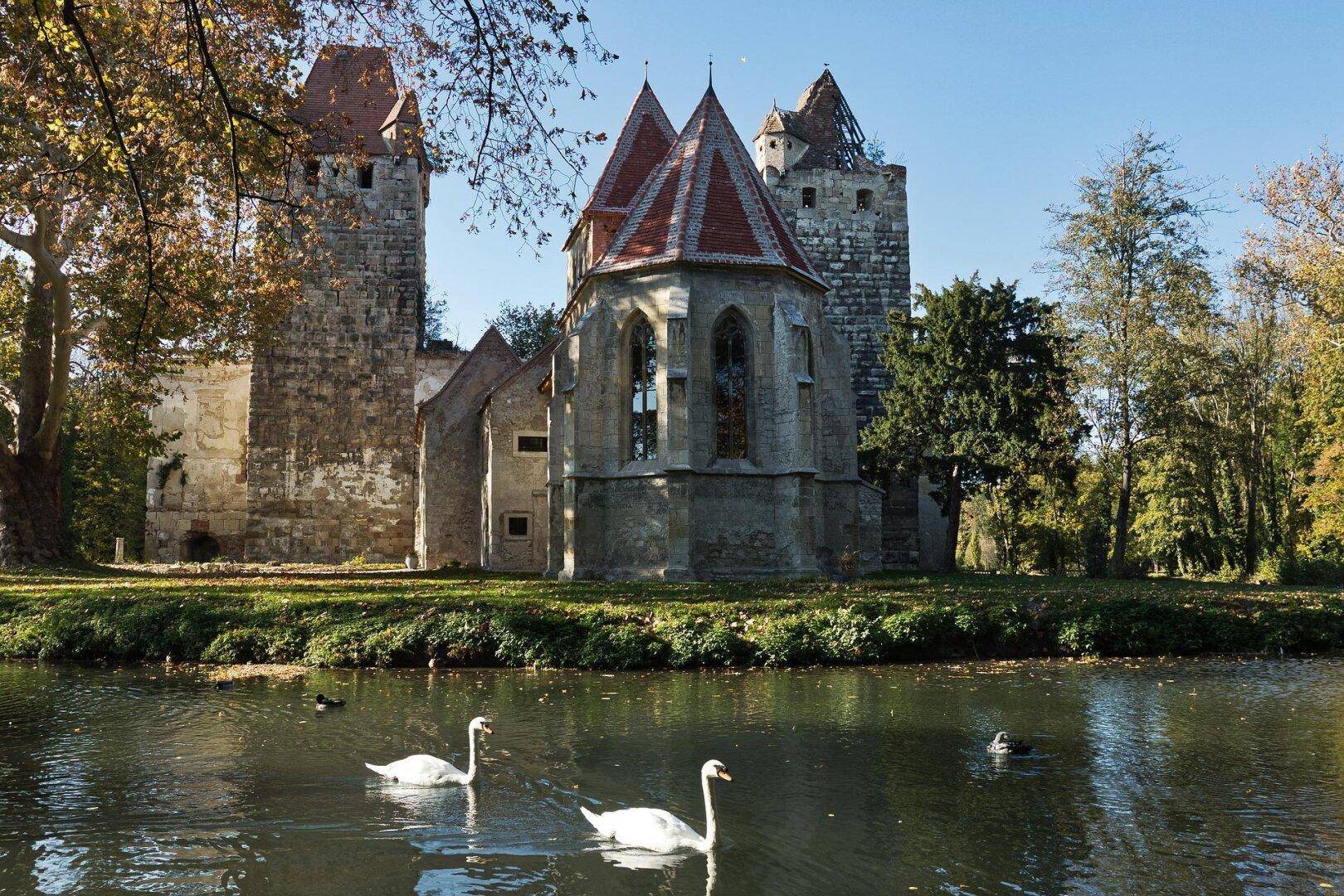 Historisches Schlossgebäude mit Türmen und einem Teich, auf dem Schwäne schwimmen.