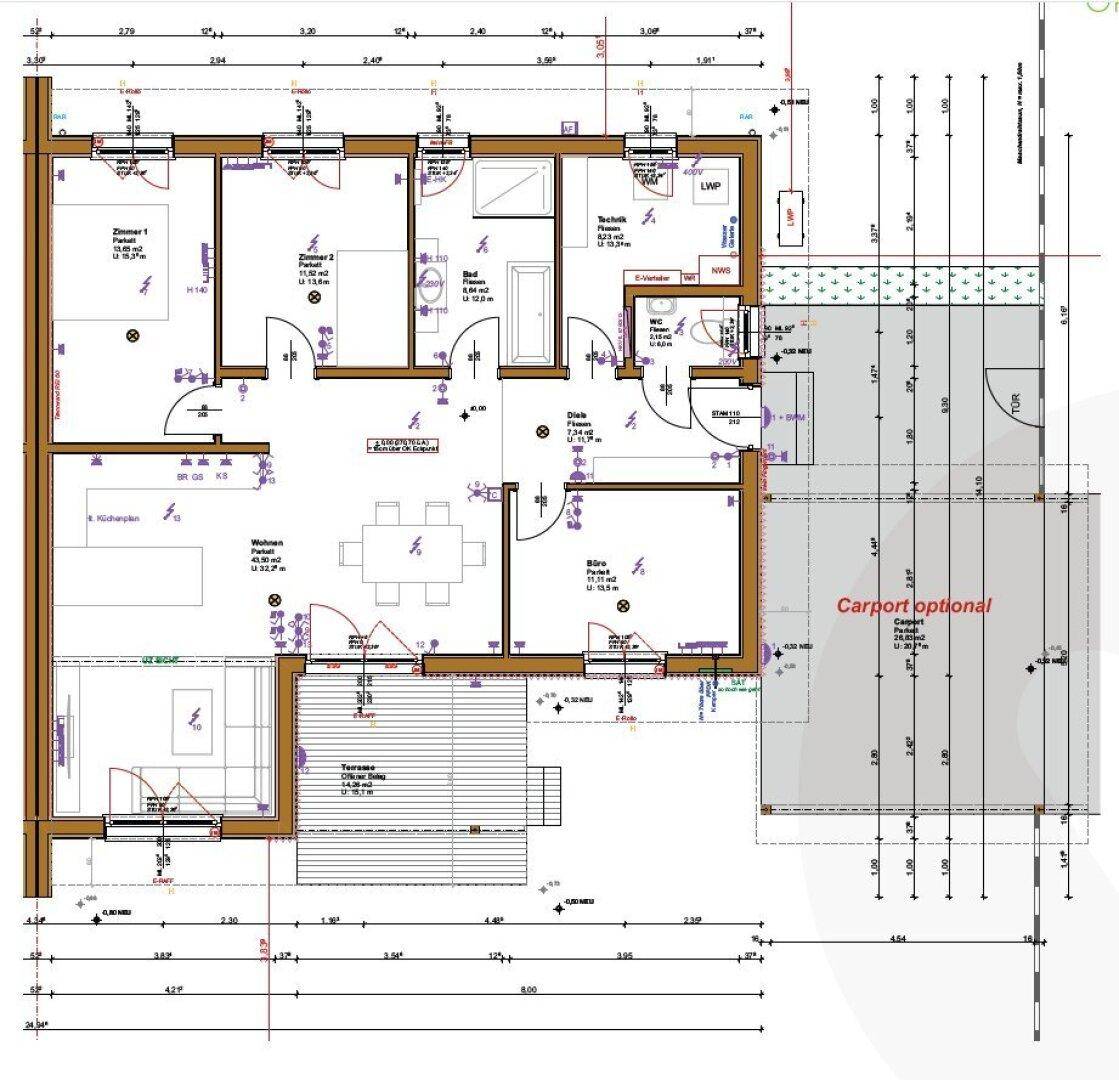 Grundriss einer Wohneinheit mit drei Zimmern, Terrasse und optionalem Carport.
