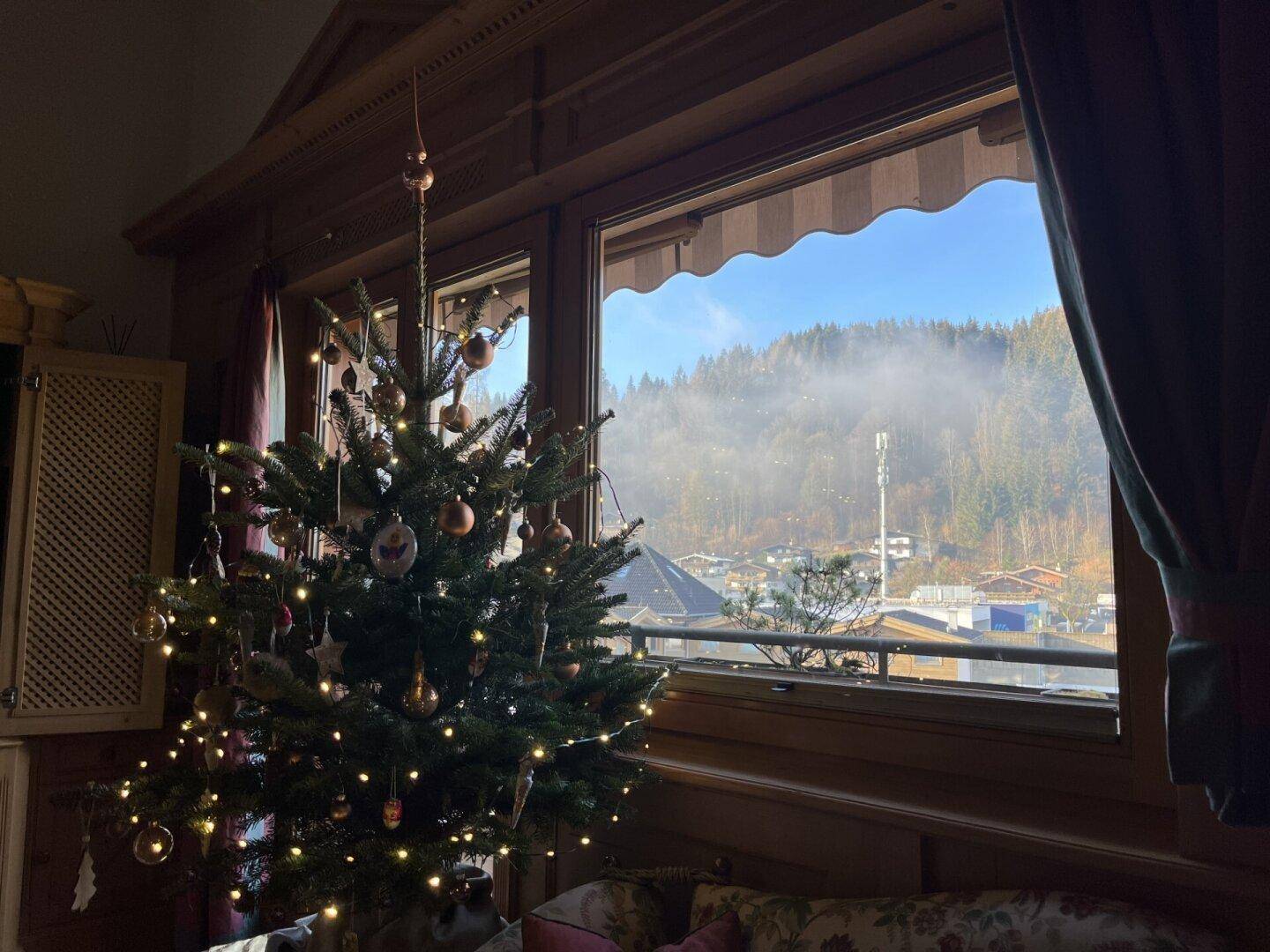 Gemütliches Wohnzimmer mit geschmücktem Weihnachtsbaum und Blick auf neblige Berge.