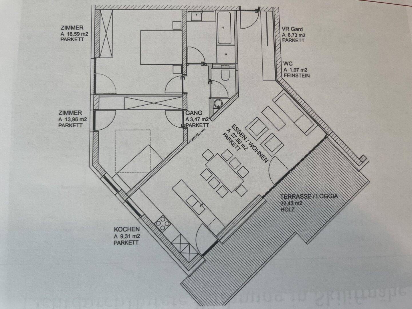 Grundriss einer Wohnung mit zwei Zimmern, offenem Wohnbereich und Terrasse/Loggia.