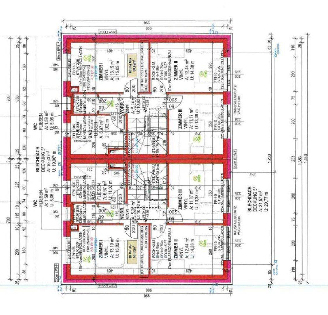 Grundriss des Obergeschosses mit Schlafzimmern, Badezimmer und Flur.