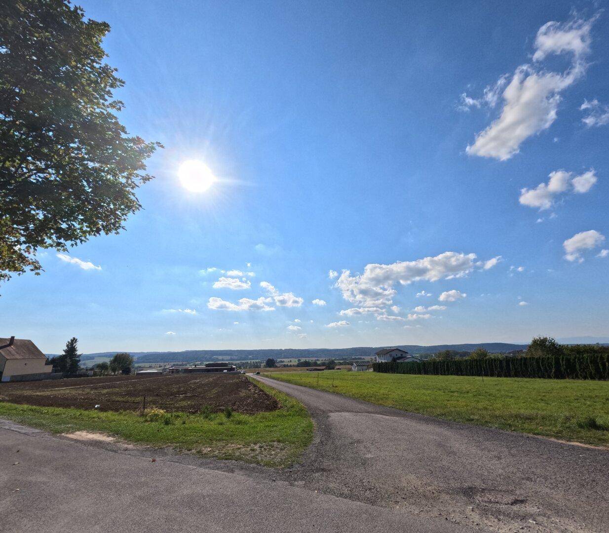 Weitläufige Landschaft mit Feldwegen, grünen Wiesen und einem weiten Blick in die Ferne an einem sonnigen Tag.