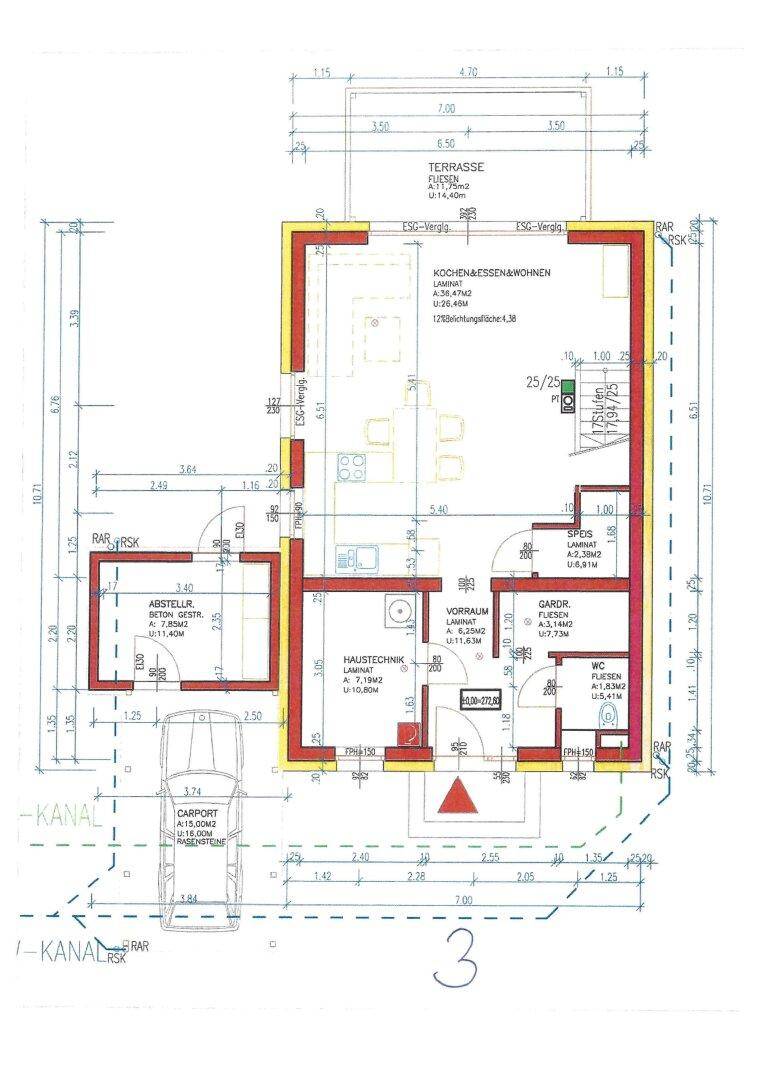 Grundriss des Erdgeschosses mit offener Küche, Wohnbereich und Terrasse.