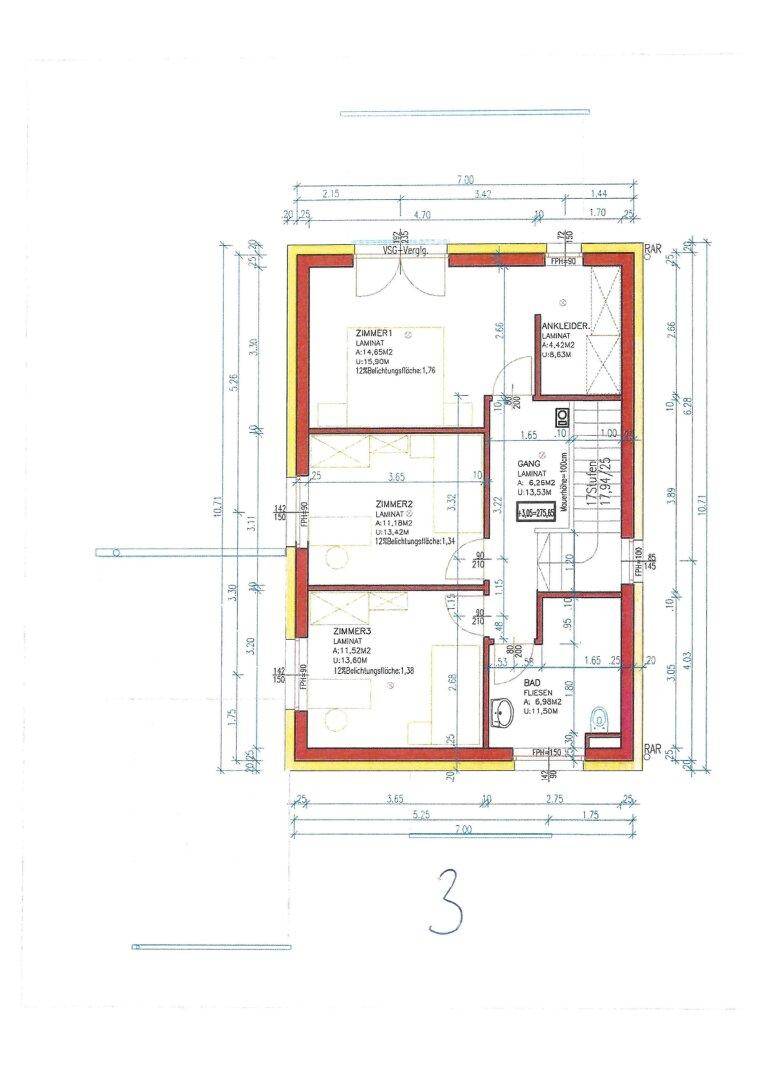 Grundriss des Obergeschosses mit drei Schlafzimmern, Bad und Ankleidezimmer.