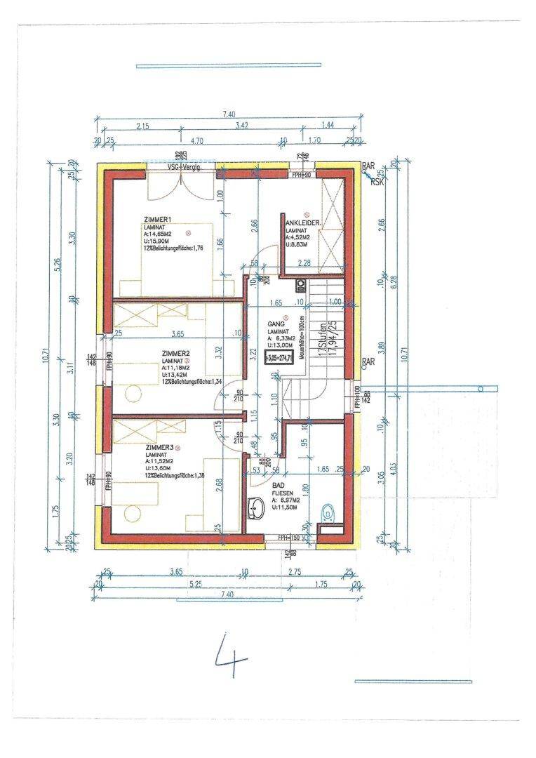Grundriss des Obergeschosses mit drei Schlafzimmern, Bad und Ankleidebereich.