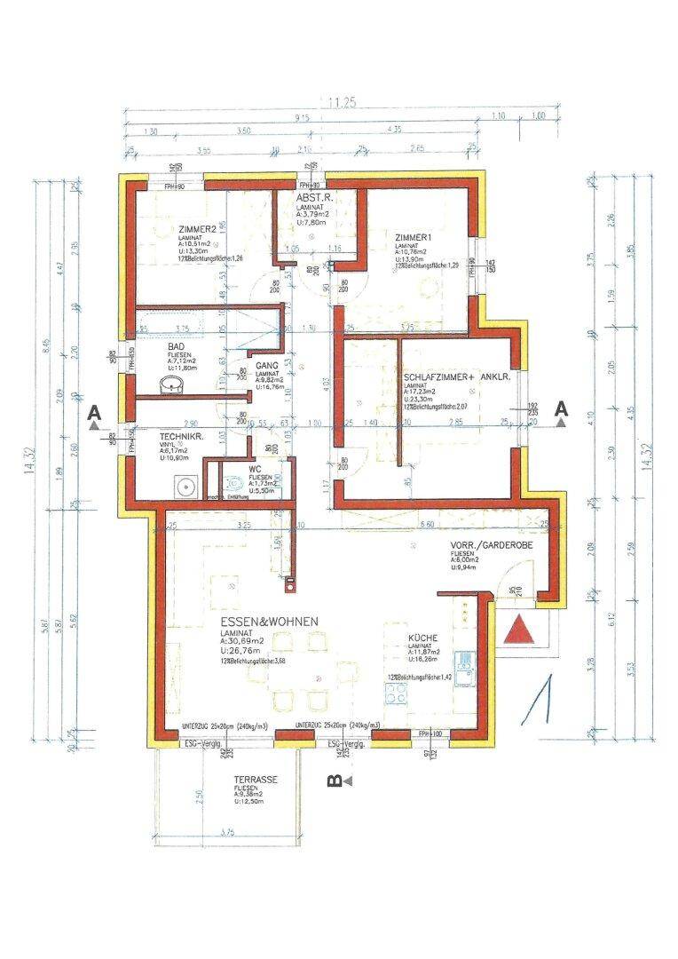 Detaillierter Grundriss einer Wohneinheit mit offenem Wohn-Essbereich, Schlafzimmer und Terrasse.