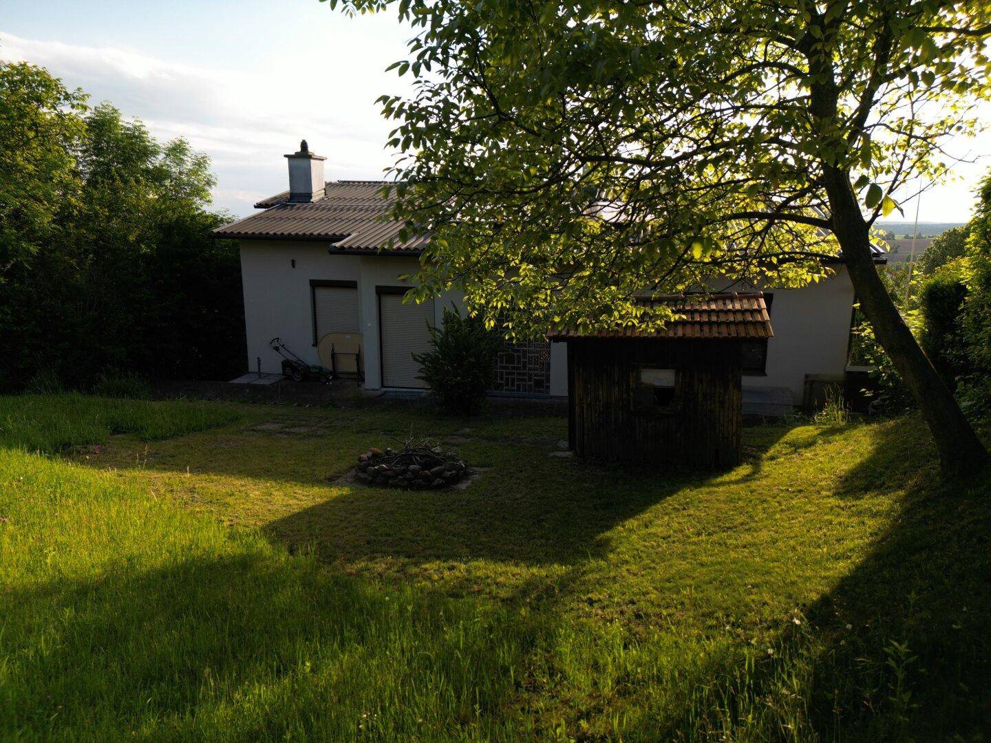 Sonnige Gartenansicht mit Rasenfläche, Bäumen und einem kleinen Gartenhaus.