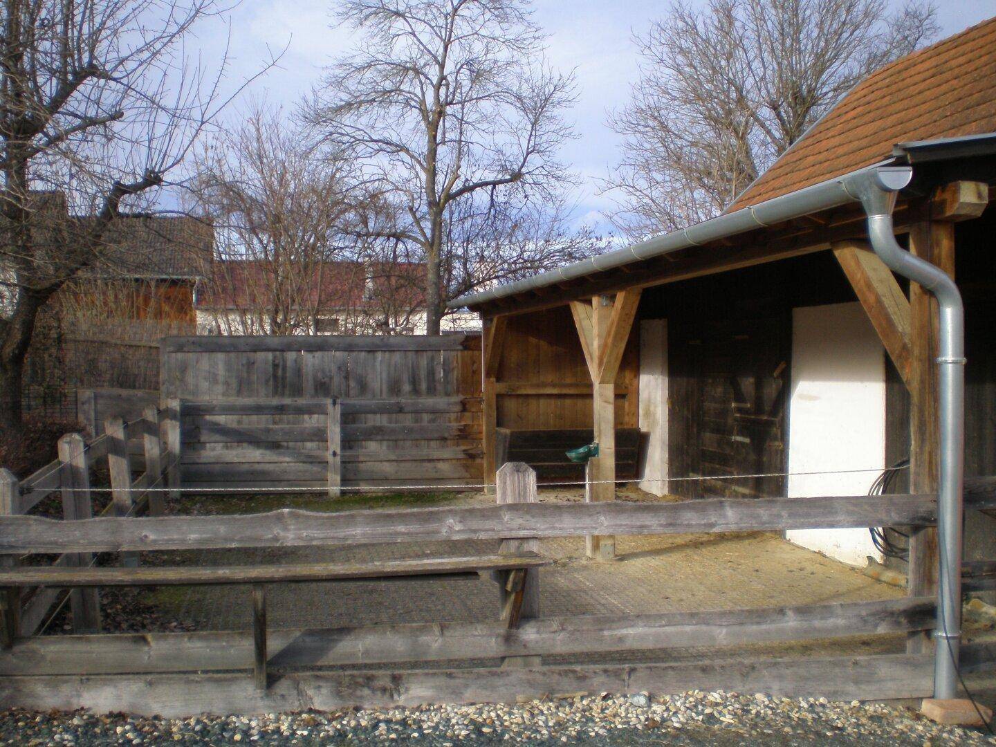 Überdachter Außenbereich neben einem Gebäude mit Holzzaun und kahlen Bäumen im Winter.