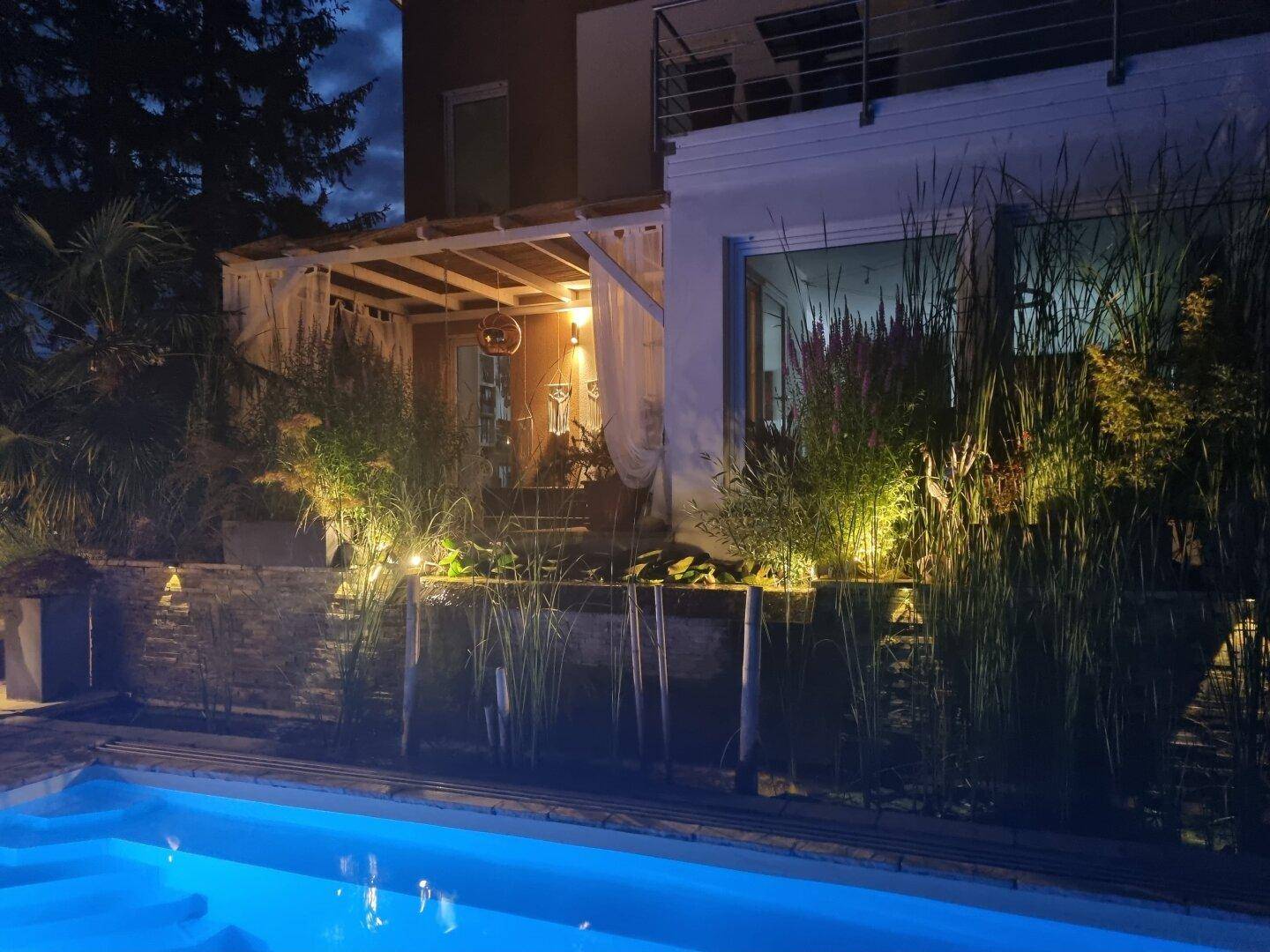 Beleuchteter Gartenbereich bei Nacht mit Pool und üppiger Bepflanzung.