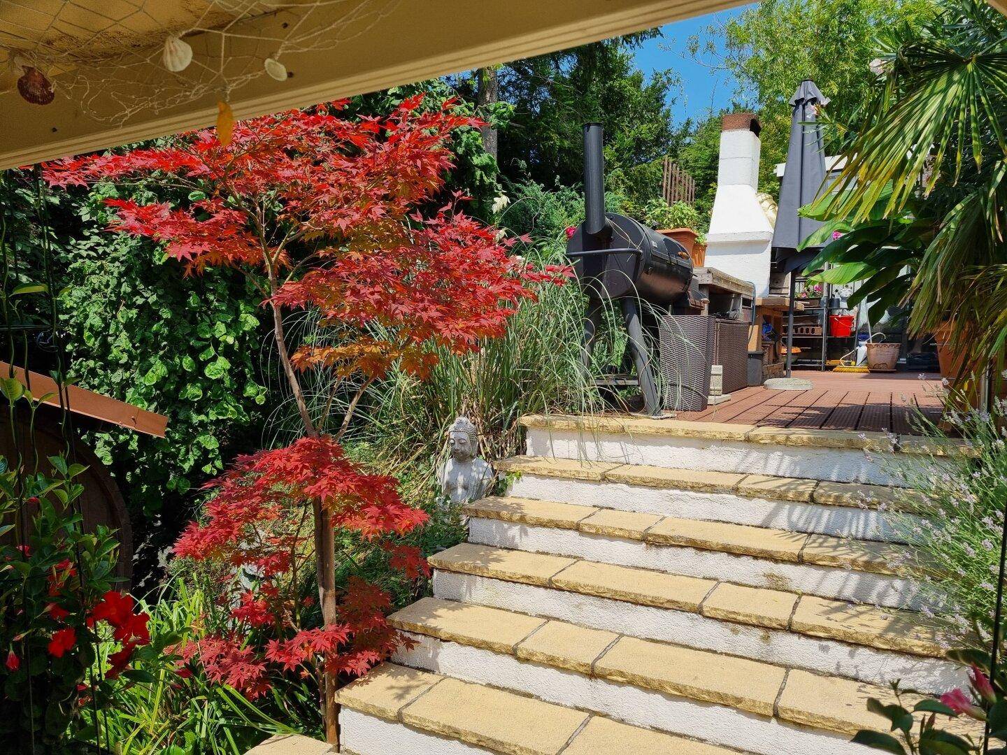 Treppe im Garten führt zu einem Grillbereich mit japanischem Ahorn und üppiger Vegetation.