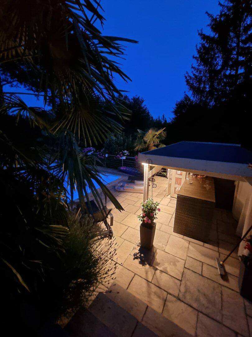 Gartenbereich bei Nacht mit Pool, beleuchteter Terrasse und üppiger Bepflanzung.
