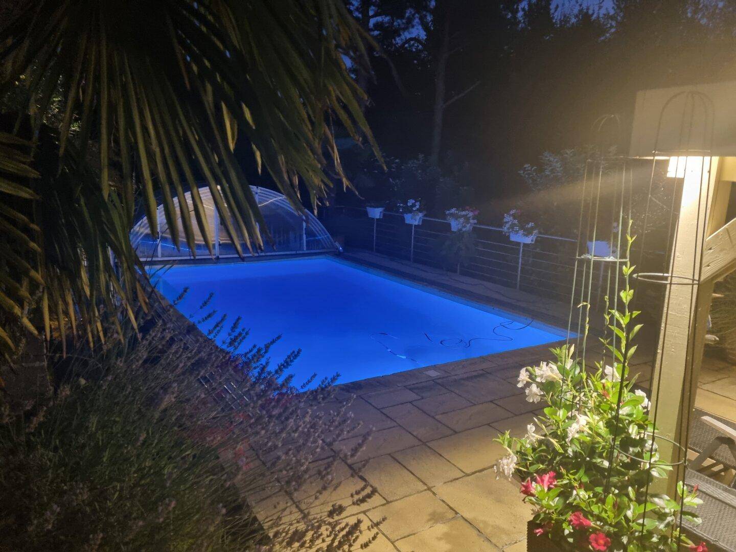 Ruhiger Poolbereich bei Nacht mit beleuchtetem Wasser und gepflasterter Terrasse.