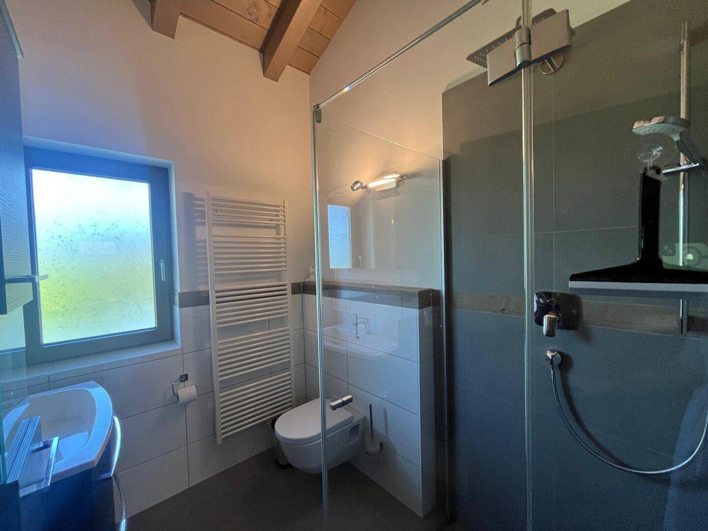 Modernes Badezimmer mit begehbarer Dusche, Wand-WC und beheiztem Handtuchhalter, gut beleuchtet.