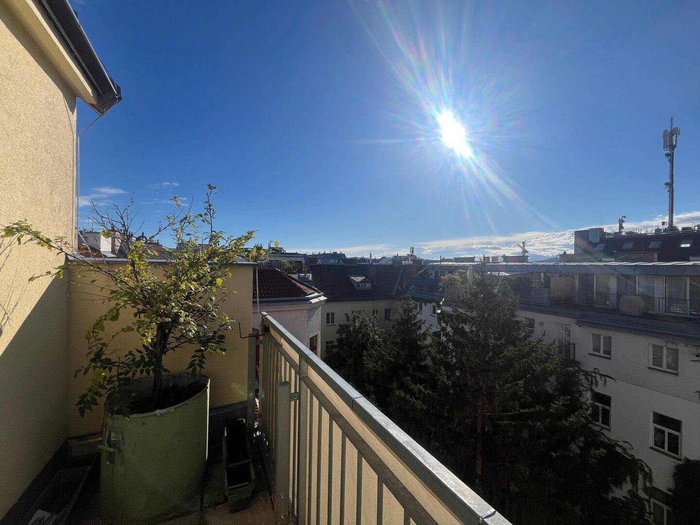 Sonniger Balkon mit Topfpflanze und Panoramablick über die städtische Umgebung.
