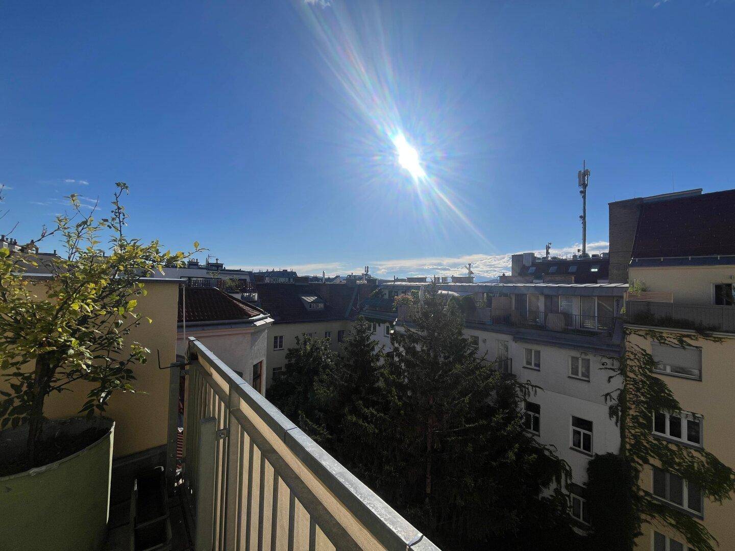 Heller Balkon mit grüner Pflanze und weitem Blick auf die Stadt und den blauen Himmel.