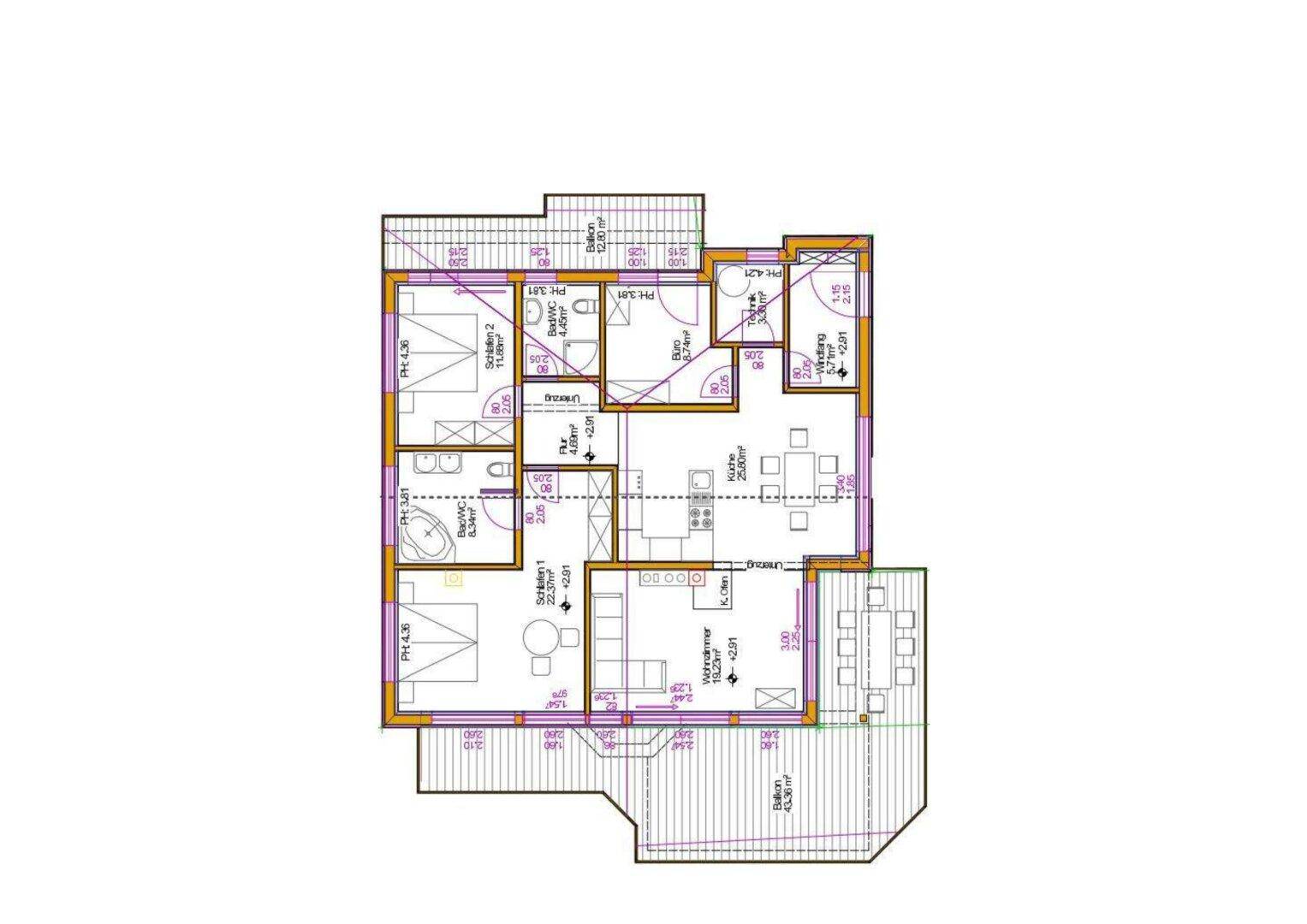Grundriss der Wohnung mit mehreren Zimmern, Balkon und Terrasse, detailliert dargestellt.
