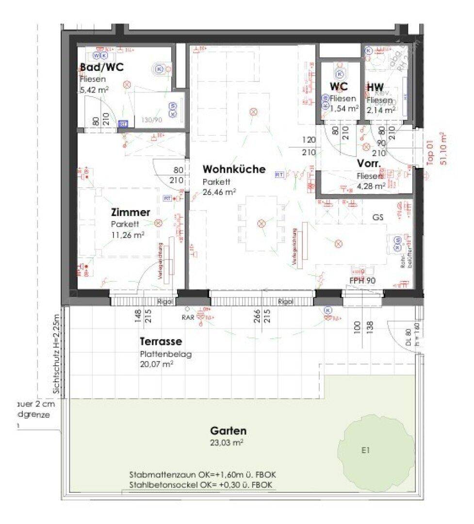 Detaillierter Grundriss einer Wohnung mit Wohnküche, Zimmer, Bad, WC, Terrasse und Garten.
