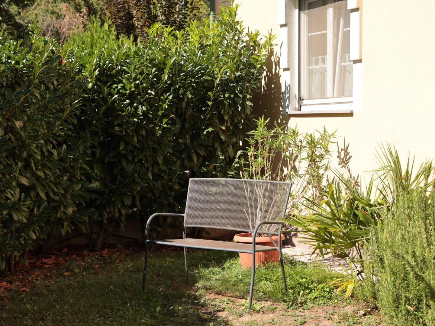 Metallbank in einem schattigen Gartenbereich, umgeben von einer dichten Hecke und der Hauswand.
