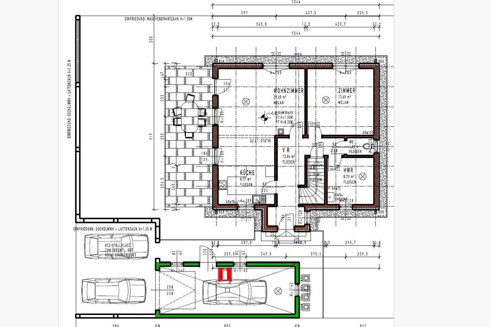 Grundriss des Erdgeschosses mit Wohnzimmer, Küche, Terrasse und Garage.